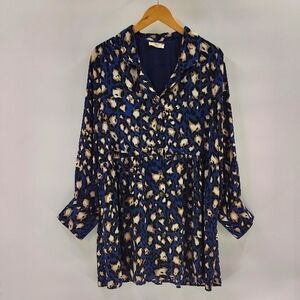 Hummingbird Button Down Dress Size Large Blue Leopard Print Large Cuffs